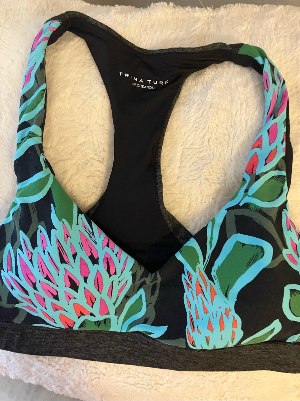 Trina Turk Black Floral Racerback Bralette with Turquoise, Green & Pink Accents